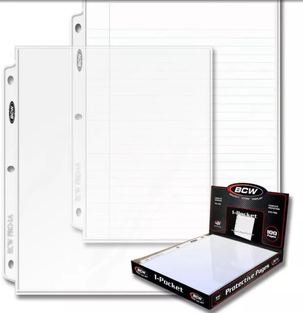 100 sheets - 1 pocket 8.5 8 1/2 X 11 Photos BCW Pages INCLUDES BOX