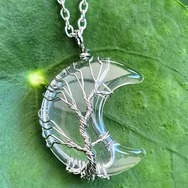 Tree of life Quartz Moon Pendant 20" Necklace Crescent Wire Wrapped Jewellery