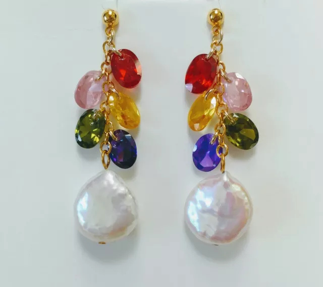 BOUCLES D'OREILLES PENDANTES FAITES MAIN avec COULEUR ARC-EN-CIEL CRISTAL NATUREL ET PIÈCE DE MONNAIE PERLE MARIAGE 2