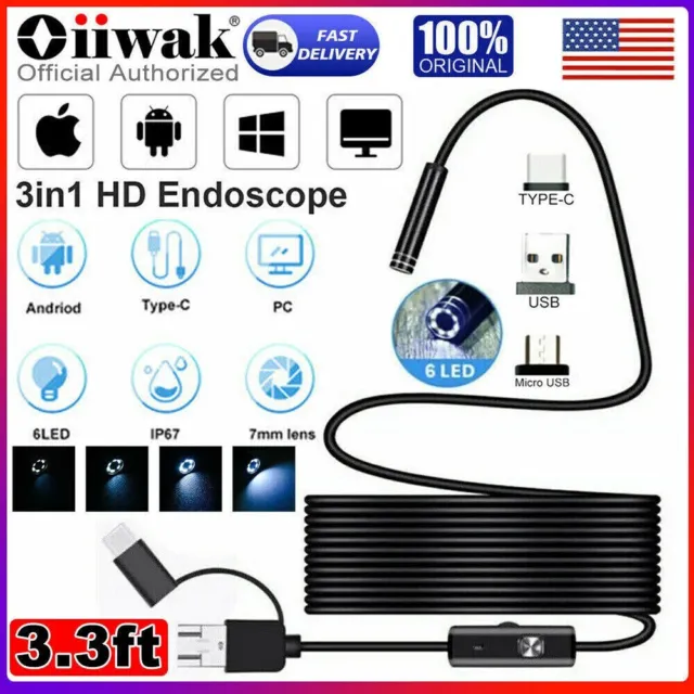 7mm LED HD Snake Endoscope Borescope Inspection Camera for USB Type C Android PC