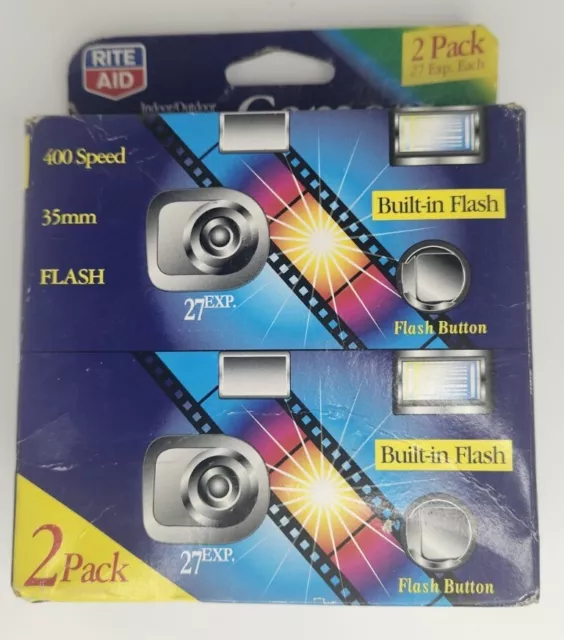 All-In-One Camera Rite Aid Built in Flash 27 Exposures 400 Speed 35MM Color~2pc