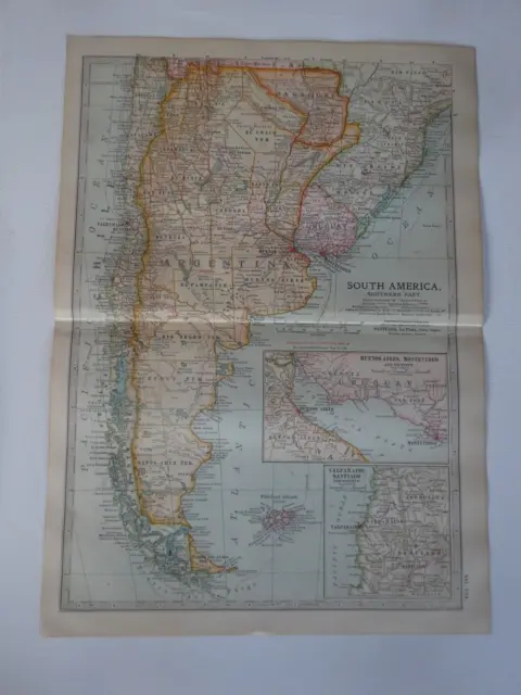 Antique Map, 1903 South America, Southern Part including Argentina & Falklands