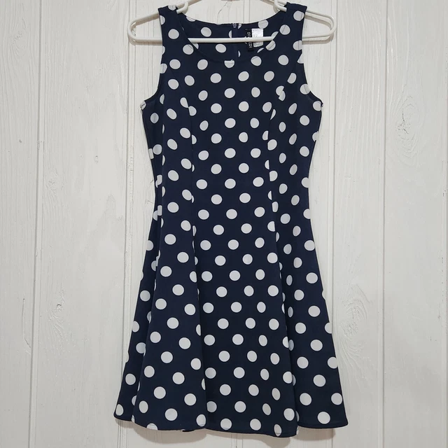 H&M Divided Navy White Polka Dot Retro Fit & Flare Tank Skater Mini Dress Size 6
