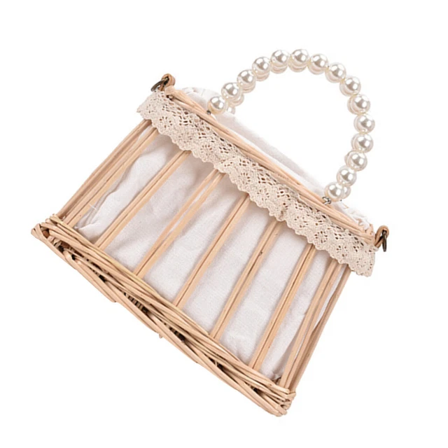 Straw Rattan Shoulder Bag Pearl Handbag Straw Crossbody Bags Women Pocket
