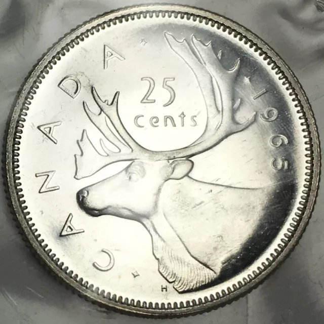 1965 Canada 25 Cents 80% Silver - (UNC) in Mint Cello KM#62 - CA25C65