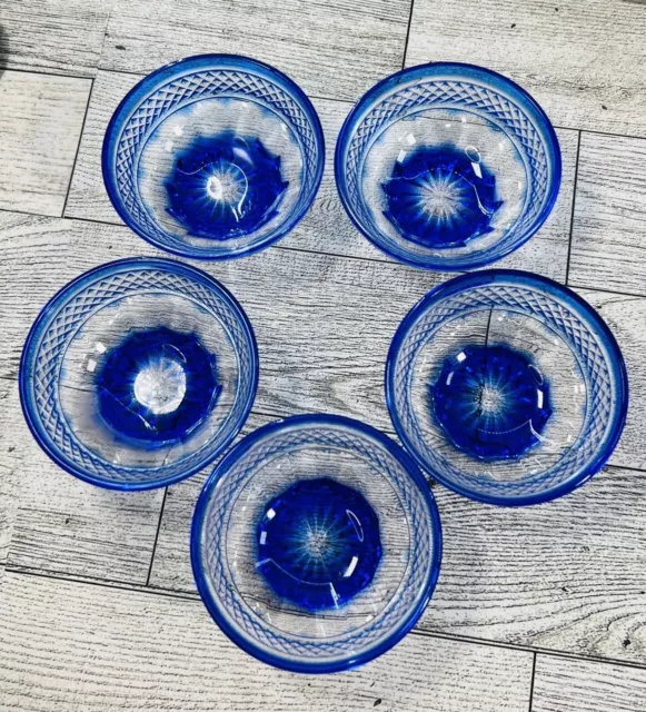 French Cobalt Cut To Clear Open Salt Cellars Set of 5