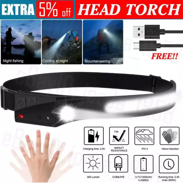 Waterproof COB LED Motion Sensor Head Torch Headlight USB Rechargeable Headlamp