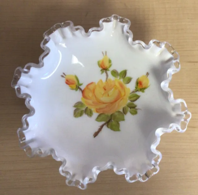 VTG Fenton Milk Glass Silver Crest Pedestal Dish/Bowl Hand Painted Yellow Rose