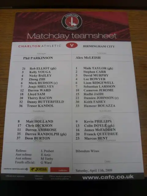 11/04/2009 Colour Teamsheet: Charlton Athletic v Birmingham City (folded)