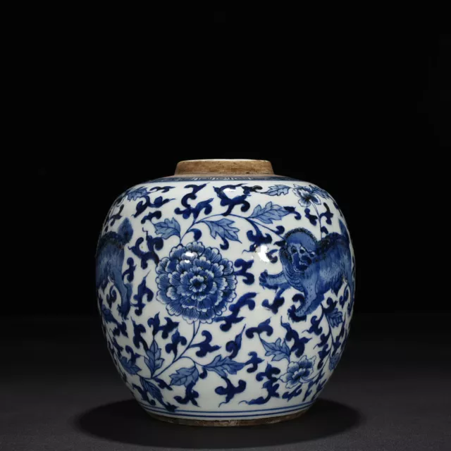 7.1" China old qing dynasty Porcelain Blue white lion interlock branch peony pot