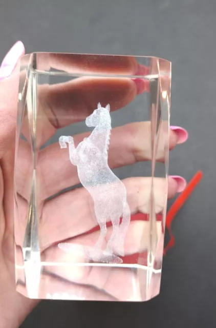 Vtg Crystal Glass Paperweight 3D Laser Etched Horse In 3" X 2" Original Box.