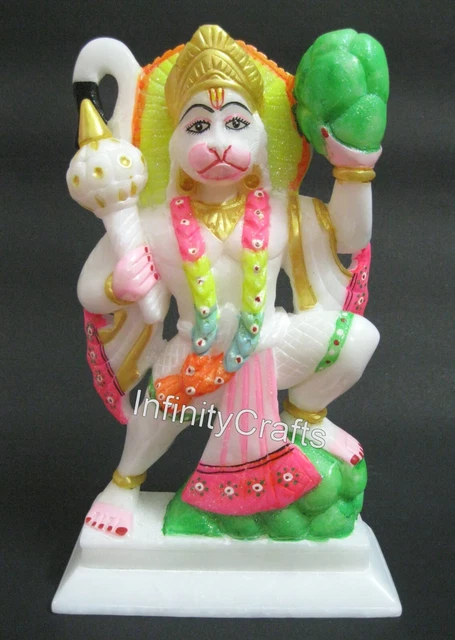 27.9cm Fait à la Main Lord Hanumann Ji Statue Marbre Blanc Anjani Putra Statue