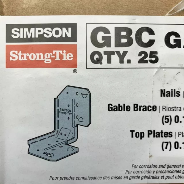 New Box of 25 Simpson Strong-Tie GBC 16-Gauge Galvanized Gable Brace Connector