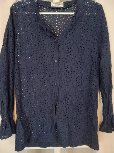 Burberry's London Womens Size L Blue Open Lace Longsleeve Top W/button Detail