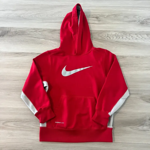 Nike Hooded Sweatshirt Youth Small Red Long Sleeve Fleece Therma Fit Swoosh
