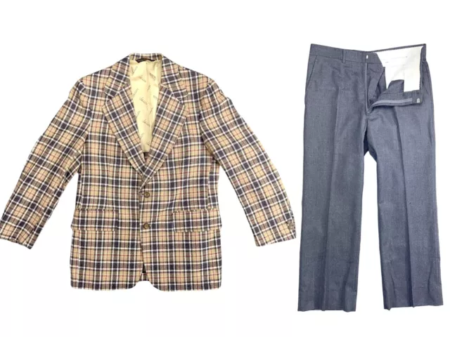 VTG 60S 70S DISCO SUIT 2 PIECE MENS JACKET PANTS WOOL PLAID 43RX34pants