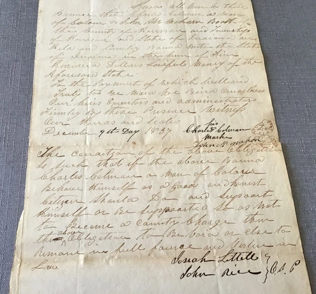 1837  Indiana  -Man of Color Must Pay $500. Bond & Behave To Remain in The State