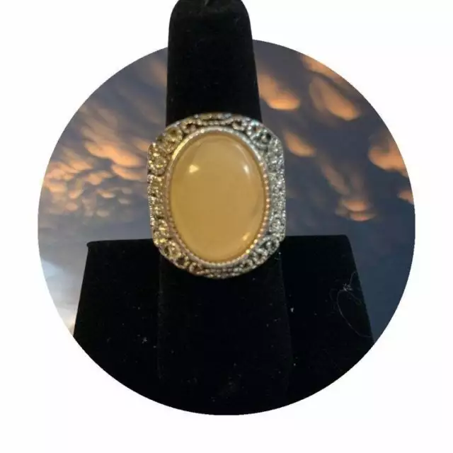 Very Ornate Silver Ring with Large Butterscotch Amber Oval Stone Size 7