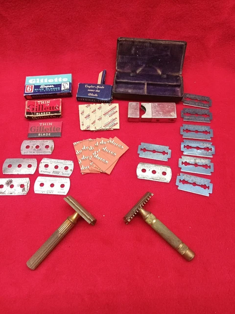 Vintage 1920s-40's ?? Gillette Open Comb Gold Tone Safety Razor Lot Of 36 w/case