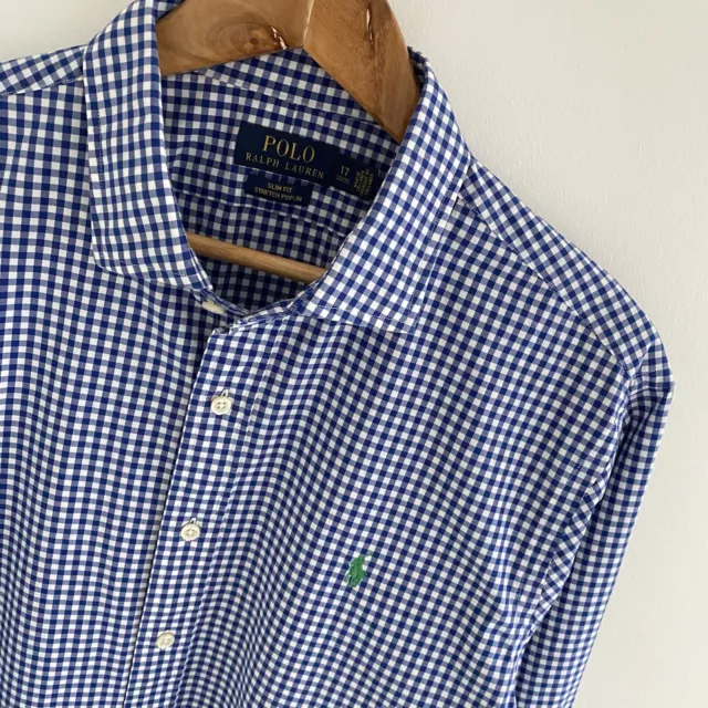 Polo Ralph Lauren Shirt XL X Large Mens Blue Check Slim Fit Poplin Long Sleeve