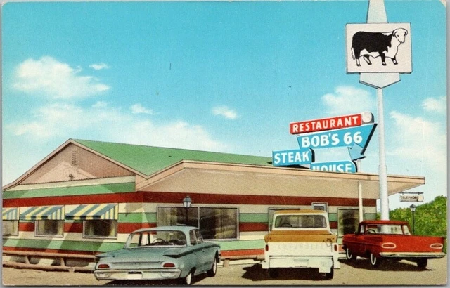 1950s Holbrook, Arizona Postcard "BOB LYALL'S 66 STEAK HOUSE" Route 66 / Chrome