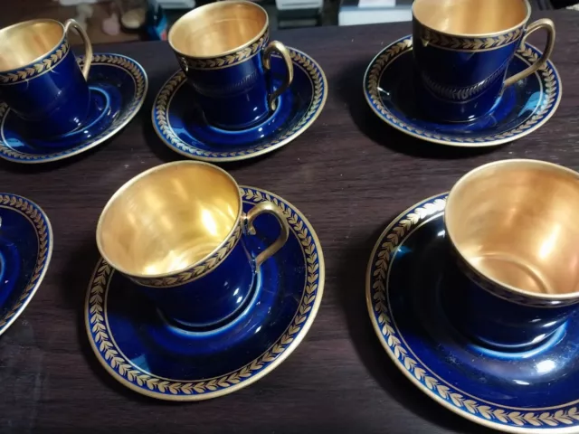 Porcelaine, Limoges Laurel Gold Encrusted "Cobalt Blue Demitasse Cup Saucer Sets 2