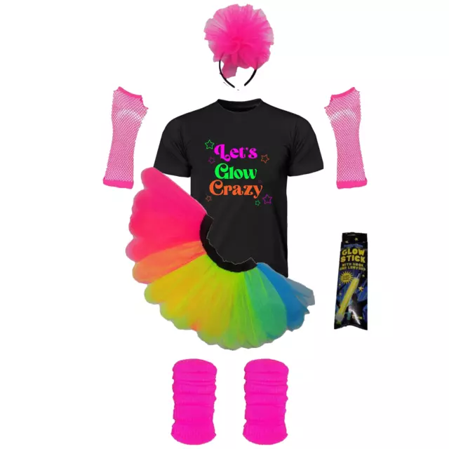 LET'S GLOW CRAZY NEON PINK TUTU 80's FANCY DRESS T SHIRT SET LEG WARMERS GLOVES