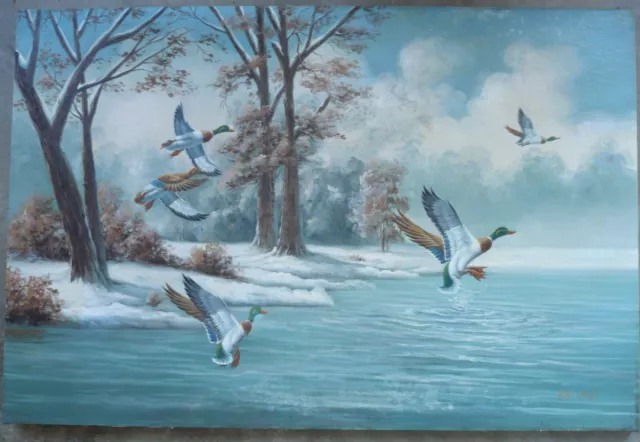 BOB CASEY, SUPERB DUCKS IN FLIGHT BIRD FLIGHT 70s OIL PAINTING WINTER LANDSCAPE