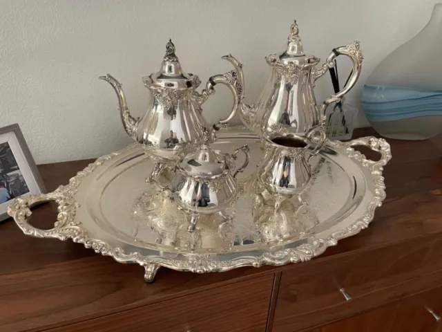 Wallace Baroque Silverplate Tea Service Set 24" Tray Teapot Coffee Sugar Creamer