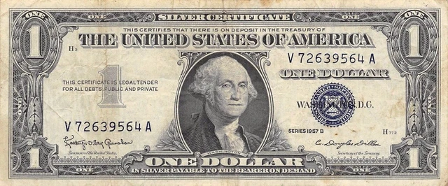 USA  $1 1957 B  Series V  Blue Seal Silver Certificate  Circulated Banknote