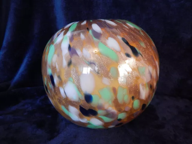 Murano Style LARGE Globe Vase Art Glass 10.5"H x 12" Speckled Gold, Green, White
