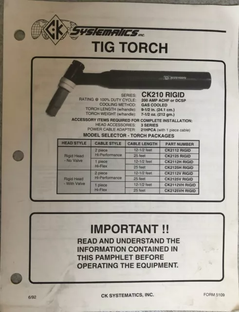 CK Worldwide TIG CK2125ES RIGID 25 FT 200 A interchanges Weldcraft WP26-25-2 USA 2