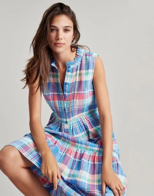 Joules Kaylee Pintuck Button Dress blue/pink check size 12 M rrp£120 pockets