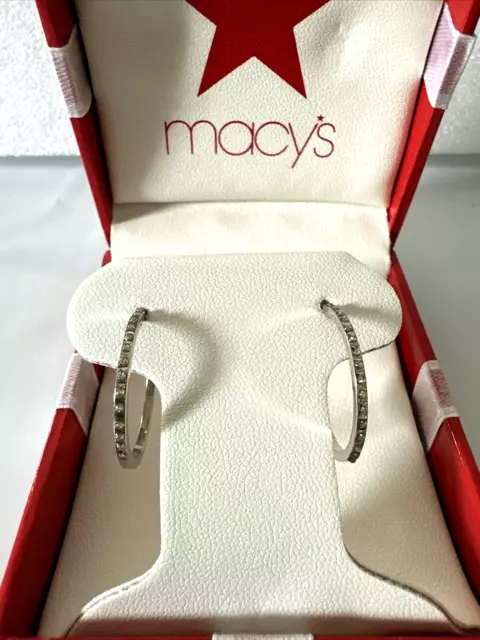 14k White Gold Diamond Hoop Earrings 1 inch - New In Box - Gift Ready, Macy's