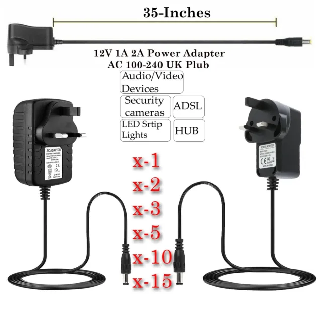 12V AC-DC Power Supply Safety Adapter 1A 2A UK Charger For LED Strip CCTV Camera