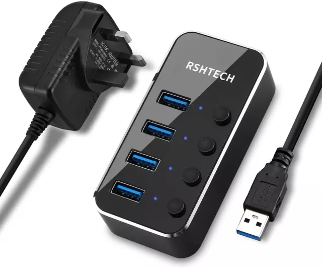 Powered USB Hub RSHTECH Aluminum 4-port USB 3.0 Hub with 5V/2A Power Supply