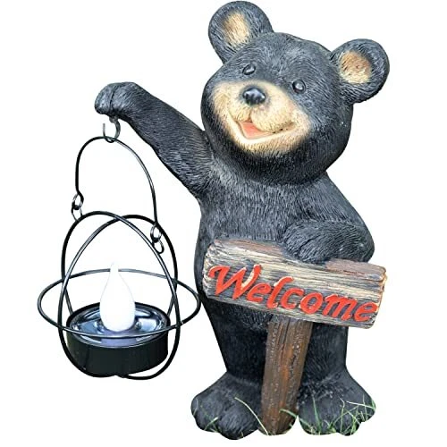 Solar Powered LED Outdoor Decor Bear Decor Garden Light Statues Welcome Bear