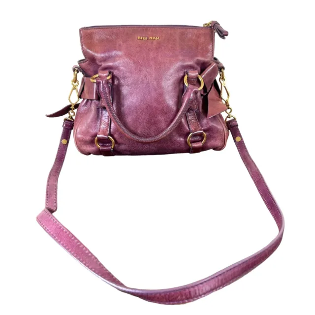 Miu Miu Vitello Lux Bow Satchel Handbag Purple Two Way Authenticated W/ COA