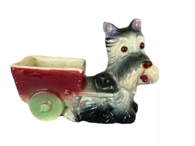 Vintage Scottie Dog Planter Pulling Red Cart Wagon Green Wheels Japan