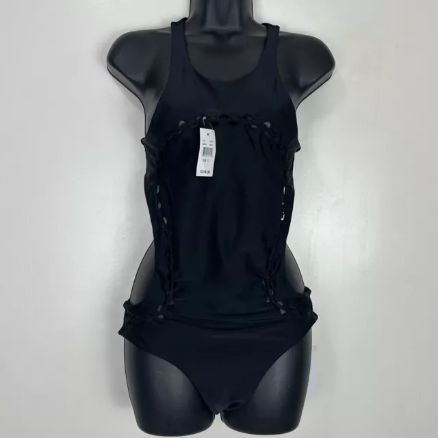 $218 MIKOH Mahina Side Cutout High Neck One-Piece Swimsuit Size Black