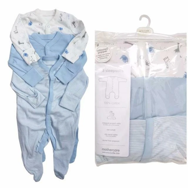 Mothercare Baby Boys Giraffe Elephant  3 Pack Sleepsuits Babygrow Tiny - 18 Mths