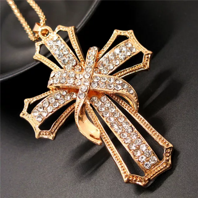 Betsey Johnson White Rhinestone Cross Bling Crystal Pendant Chain Necklace