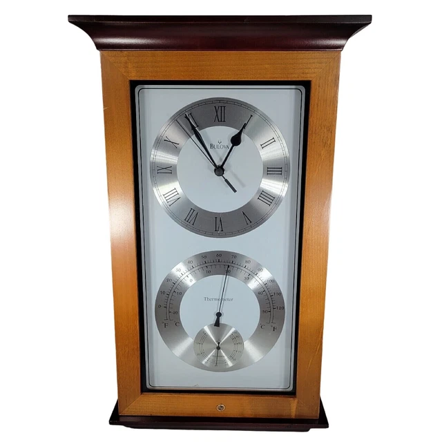 BULOVA C3760 WOODEN Weather Station Wall Clock Thermometer Hygrometer