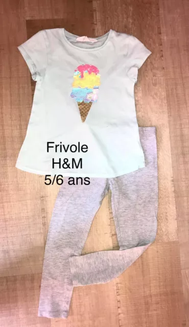 H&M friboo 5 / 6 Ans Fille : ensemble top glace sequins + legging gris TBE