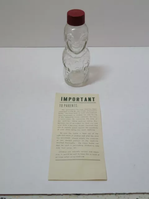 1950's Brockway Bo-Bo the Clown 3 oz. glass Medicine Bottle w/ Bakelite Cap new