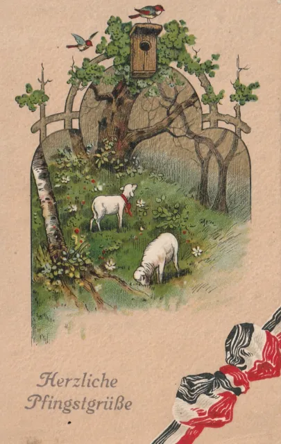AK Pfingsten Schafe Vögel 1915 Feldpostkarte nach Borg Walsrode