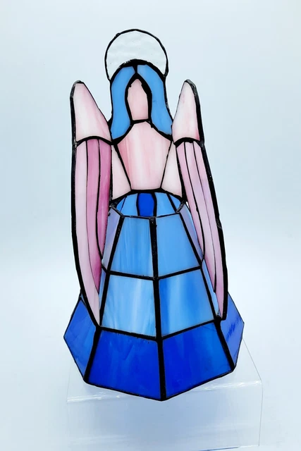 vintage stained glass angel figurine 10” votive candle. Blue pinks
