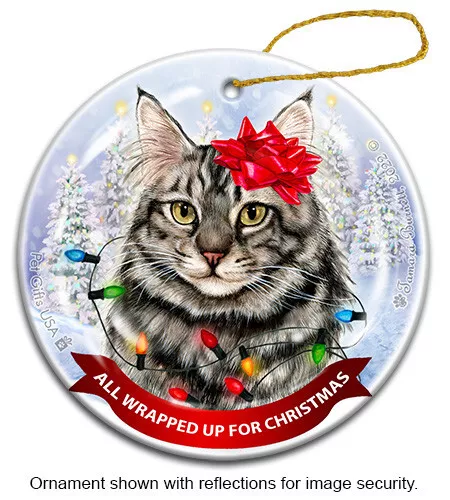 All Wrapped Up Ornament - Silver Tabby Maine Coon Cat