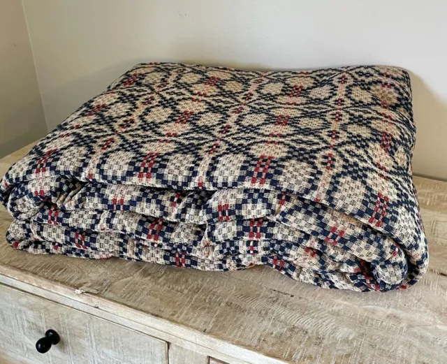 New Primitive BRICK RED NAVY BLUE LOVER'S KNOT COVERLET Bedspread Cover QUEEN