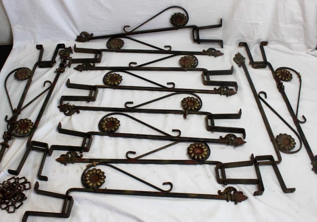 12 Vintage Floral Victorian Art Deco Swing Arm Curtain Rods ~ 6 pair w/ brackets